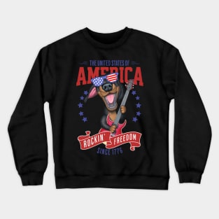 Cute and Funny Doxie Dachshund Dog with Red white and Blue sunglasses Fur Baby Rockin Freedom Crewneck Sweatshirt